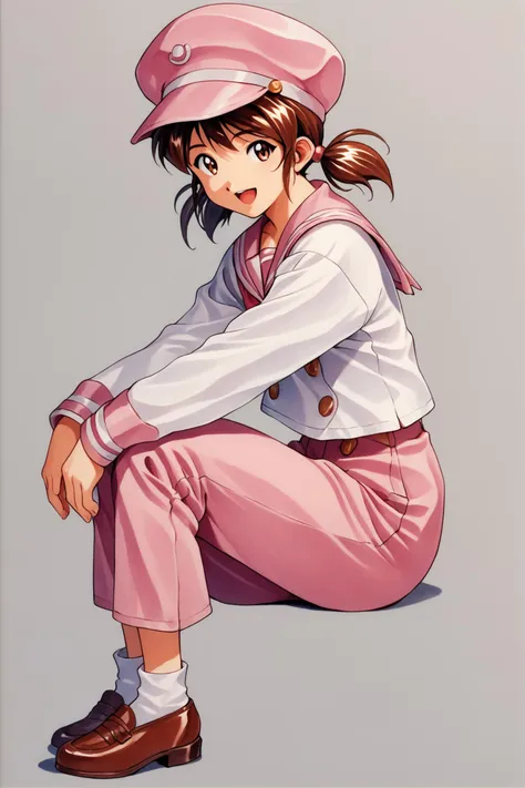 Coquelicot, 1girl, solo, smile, twintails, brown eyes, brown hair, short twintails, white shirt, long sleeves, pink pants, sailor collar, brown footwear, sitting, pink hat, open mouth, traditional media, hat, shirt, school uniform, looking at viewer, pants, pink sailor collar, :d, short hair, simple background, pink headwear, socks, buttons, from side, shoes, serafuku, bangs, retro artstyle, sleeve cuffss,score_9,score_8_up,<lora:Sakura Wars_XL_PONY_V2.1:0.8>,