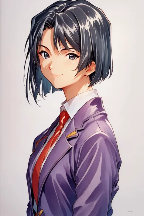 Kujou Subaru,1girl,solo,necktie,short hair,black hair,red necktie,white background,jacket,simple background,upper body,smile,looking at viewer,bob cut,purple jacket,blazer,school uniform,traditional media,closed mouth,shirt,from side,black eyes,score_9,score_8_up,<lora:Sakura Wars_XL_PONY_V2.1:0.8>,