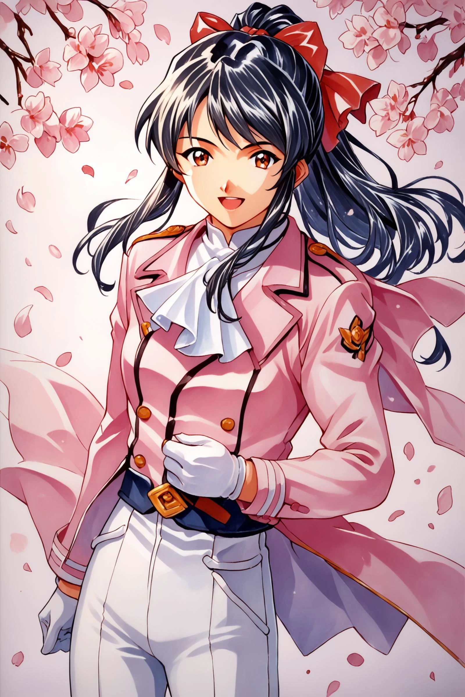 Shinguji Sakura,1girl,solo,cowboy shot,smile,open mouth,looking at viewer,black hair,high ponytail,hair ribbon,red ribbon,red bow,ponytail,white pants,uniform,military uniform,pink jacket,white gloves,white ascot,cherry blossoms,traditional media,gloves,long hair,bow,hair bow,pants,brown eyes,ascot,ribbon,petals,score_9,score_8_up,<lora:Sakura Wars_XL_PONY_V2.1:0.8>,