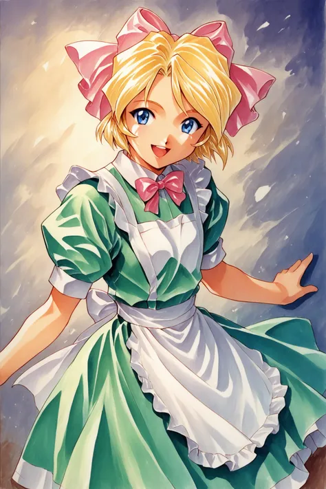 Iris Chateaubriand,1girl,female child,solo,blonde hair,blue eyes,pink bow,bow,1990s (style),hair bow,short hair,white apron,green dress,smile,open mouth,small body,traditional media,score_9,score_8_up,<lora:Sakura Wars_XL_PONY_V2.1:0.8>,