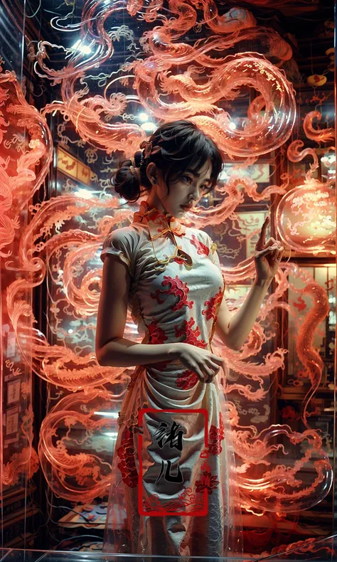 Red holographic dragon, 1girl(cheongsam:1.5)upper body,
<lora:~Q?-Qh`oholographic dragon:1>