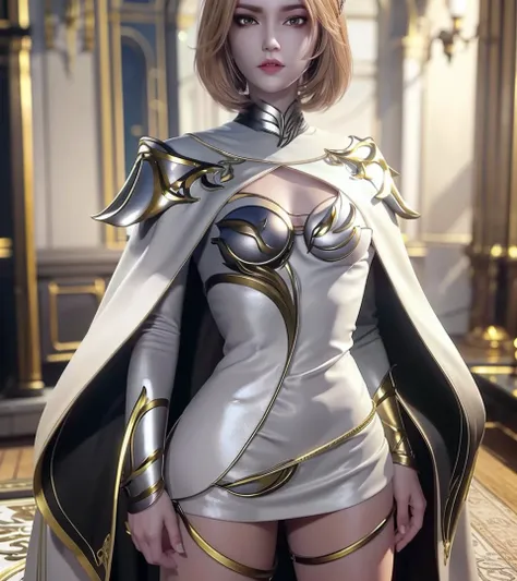 1girl, solo, masterpiece, cg, 8k, raw photo, picture, simple background, (looking at camera:1.2), (full body shot:1.2), standing, posing, ultra detailed skin, (ultra detailed face:1.2), (brown irises:1.3), eyelashes, black eyeliner, black eyeshadow, hair ornaments, short hair, blond hair, beautiful body, medium breasts, detailed costume, miniskirt, white cape, long sleeves, <lora:huliena:1>, <lora:breastinclassBetter_v141:0.3>