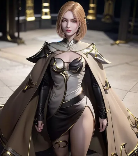 1girl, solo, masterpiece, cg, 8k, raw photo, picture, simple background, (looking at camera:1.2), (full body shot:1.2), standing, posing, ultra detailed skin, (ultra detailed face:1.2), (brown irises:1.3), eyelashes, black eyeliner, black eyeshadow, head ornaments, short hair, blond hair, beautiful body, medium breasts, detailed costume, miniskirt, white cape, long sleeves, <lora:huliena:1>, <lora:breastinclassBetter_v141:0.3>