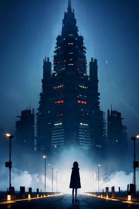 1girl,solo, (masterpiece, bestquality, hires:1.1),(detailed background),(Hard Light, cinematic , Hard shadows, ambient occlussion:1.1), (illustration:1.1), (perfect details:1.1),
hazy, epic mist of a surreal film, creating a sense of suspense, brutalism, (distant lights, vibrant colors, selective focus:1.2),giant building, wide shot,(looking at viewer:1.1),