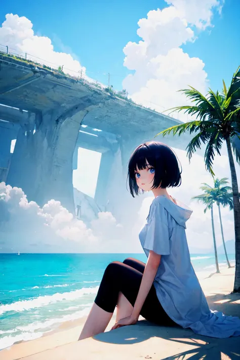 1girl,solo, (masterpiece, best quality, hires:1.1),(detailed background),
 epic mist of a surreal film, distant lights, vibrant colors,beach,waves,giant palm trees,(looking at viewer:1.1), (sitting:1.2)