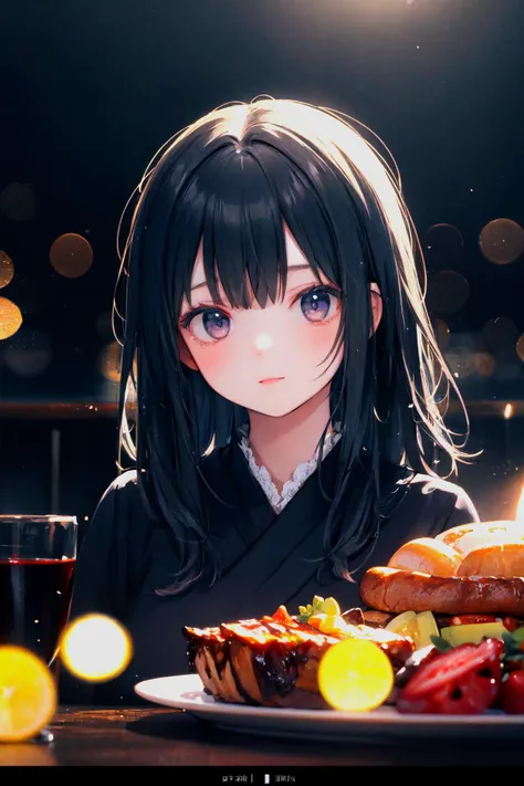 1girl,solo, (illustration:1.1), (perfect details:1.1),(slate atmosphere, muted colors, film grainy:1.0),  dinner, dark atmosphere, medieval style, (bokeh:1.2),