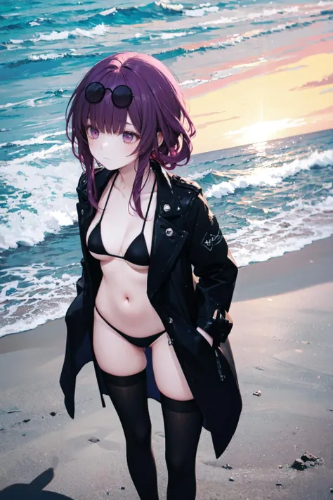 (detailed background),1girl,purple hair, purple eyes, no pupils,(mature:1.1), pale skin, curvy, medium breasts, (sad, emotionless:1.2), nice hands,
(eyewear on head:1.1), (black jacket, micro bikini:1.2), open shoulders, hands in pockets, stockings, from above,
(illustration:1.1), (perfect details:1.1)on the edge beach, ocean, horizon,  sunset, clouds,(Hard Light, cinematic , Hard shadows, ambient occlussion:1.1), (slate gray atmosphere:1.2),
<lora:GoodHands-beta2:1>  <lora:hairdetailer:0.2>  <lora:LowRA:0.2>   <lora:kafka-v1.1:0.8>