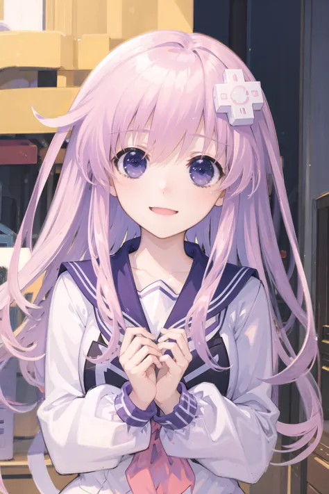 masterpiece, highres,best quality,Perfect details,ultra-detailed,1girl,solo,nepgear,d-pad hair ornament, upper body, striped,thighhighs,smile,