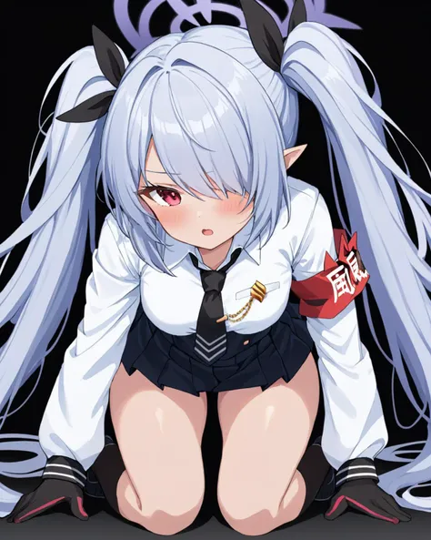 iori \(blue archive\),1girl, solo, twintails, hair_over_one_eye, armband, halo, black_gloves, white_background, simple_background, dark-skinned_female, all_fours, black_necktie, white_shirt, long_sleeves, kneehighs, black_skirt, hair_ribbon, looking_at_viewer, collared_shirt, black_socks, animal_ear_fluff, blush, breasts, black_ribbon, open_mouth, demon_tail, school_uniform, parted_lips, pleated_skirt
<lora:iori_(blue_archive)_image2795_2023-11-27-000009:1>halo. gorgeous,key visual, vibrant, studio anime,award-winning, professional, highly detailed,high budget, cinemascope