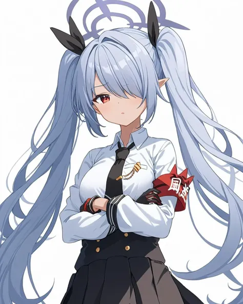 iori \(blue archive\),1girl, solo, twintails, hair_over_one_eye, black_necktie, black_gloves, white_shirt, armband, white_background, long_sleeves, looking_at_viewer, collared_shirt, simple_background, black_skirt, halo, dark-skinned_female, hair_ribbon, crossed_arms, black_ribbon, parted_lips, pleated_skirt, open_mouth, breasts
<lora:iori_(blue_archive)_image2795_2023-11-27-000009:1>halo. gorgeous,key visual, vibrant, studio anime,award-winning, professional, highly detailed,high budget, cinemascope