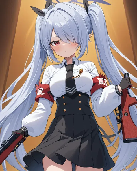 Anime girl with long white hair holding a gun and a red bag - SeaArt AI