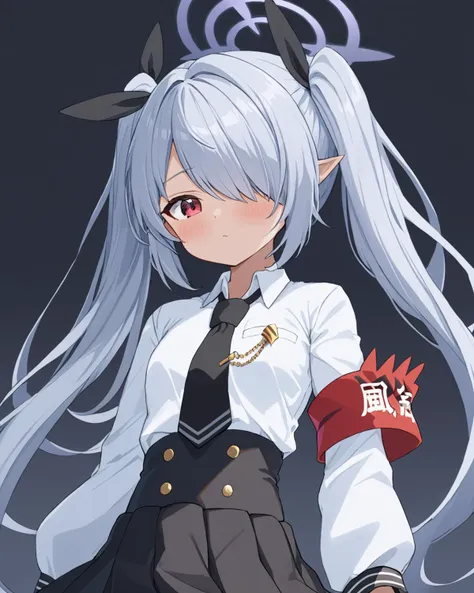 iori \(blue archive\),1girl, solo, twintails, armband, hair_over_one_eye, black_necktie, white_shirt, black_skirt, halo, hair_ribbon, blush, looking_at_viewer, black_gloves, pleated_skirt, dark-skinned_female, long_sleeves, collared_shirt, shirt_tucked_in, white_background, small_breasts, arms_behind_back, simple_background, black_ribbon, from_side, school_uniform
<lora:iori_(blue_archive)_image2795_2023-11-27-000009:1>halo. gorgeous,key visual, vibrant, studio anime,award-winning, professional, highly detailed,high budget, cinemascope