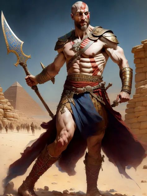 beard kratos person dressed in Egyptian spaulders, bursting into fury, flexing arms, blades, pharaoh armor, gold, lapiz lazuli, hieroglyphs, boots, desert, pyramids, soft impressionist perfect composition, character portrait, intricate, oil on canvas, masterpiece, expert, insanely detailed, 4k resolution, john william waterhouse, charlie bowater, agnes cecile, Mucha, Gabriel Ferrier, composition, beautiful detailed intricate insanely detailed octane render trending on artstation, 8k artistic photography