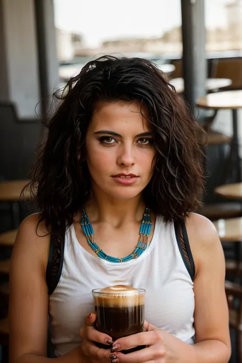 <lora:AngelicaBella:0.8>, full color portrait of a young woman, having coffee at a vintage cafe, natural light, RAW photo, subject, 8k uhd, dslr, soft lighting, high quality, film grain, Nikon D850
