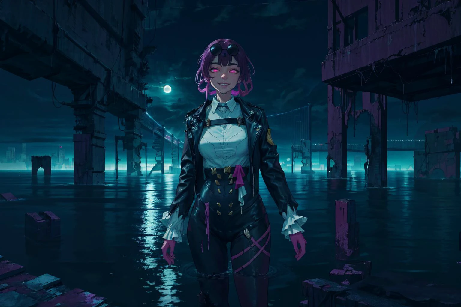 masterpiece, best quality, absurdres, <lora:kafka-hsr-richy-v1:1> kafka, 1girl, (close-up:1.1), cowboy shot, standing, smile, glowing eyes, looking at viewer, <lora:Submerged ruins-v1:0.7>, partially submerged, cyberpunk,neon lights, neon trim, ruins, ocean, beach, rooftop, night, night sky, darkness, moon, raining, cloud, cloudy sky, rain, water, wet, water drop, foggy, fog, wading, bridge, golden gate bridge, arch