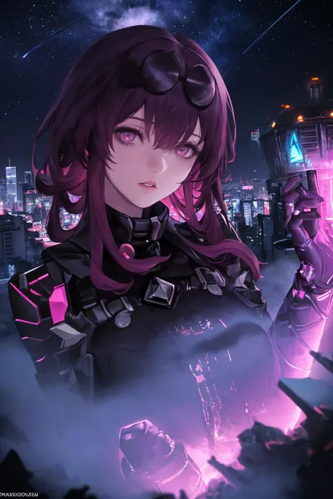 masterpiece, best quality, 1girl, solo, parted lips, <lora:kafka-hsr-richy-v1:1> kafka, upper body, (cyberpunk, cityscape), fog, (night, night sky, dark, darkness, dystopian, (panopticon:1.2):1.4), kowloon