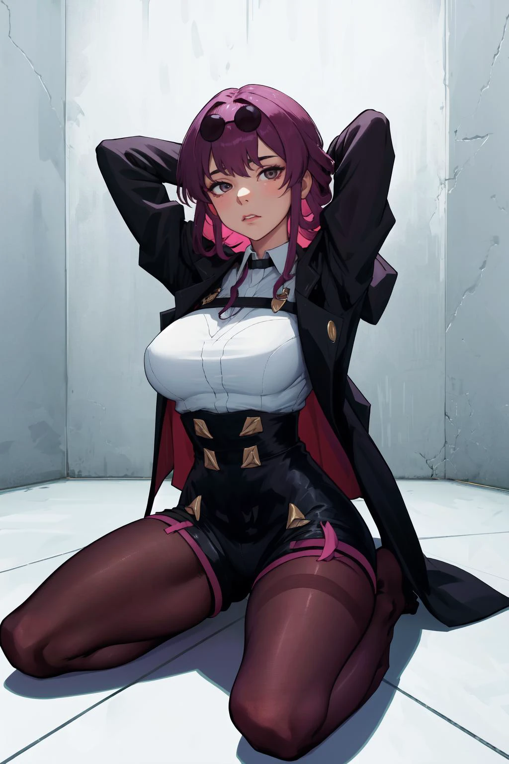 masterpiece, best quality, absurdres, <lora:kafka-hsr-richy-v1:1>kafka, 1girl, solo, seiza, sitting, arms behind head, looking at viewer, pantyhose, shorts