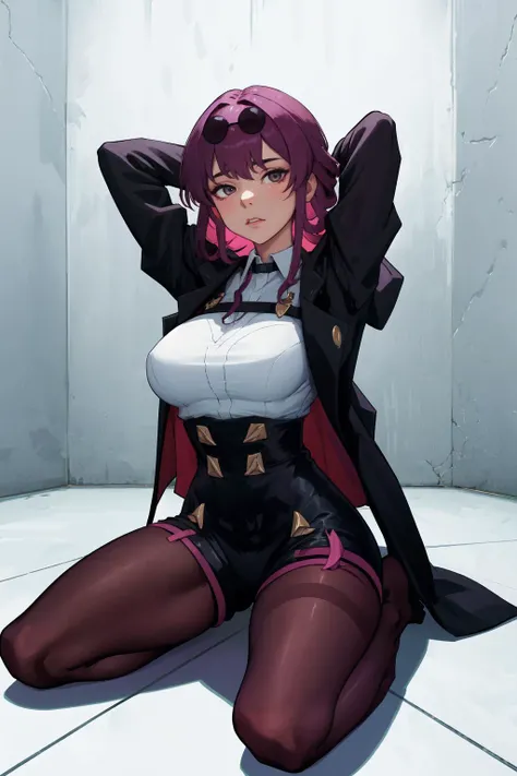 masterpiece, best quality, absurdres, <lora:kafka-hsr-richy-v1:1>kafka, 1girl, solo, seiza, sitting, arms behind head, looking at viewer, pantyhose, shorts
