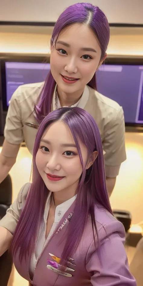 women, masterpiece, high quality, detailed face, smile, slime body, purple hair , <lora:AsianRedFA:1>, beautiful lighting, <lora:HKRedFA:0.7>, flight attendant