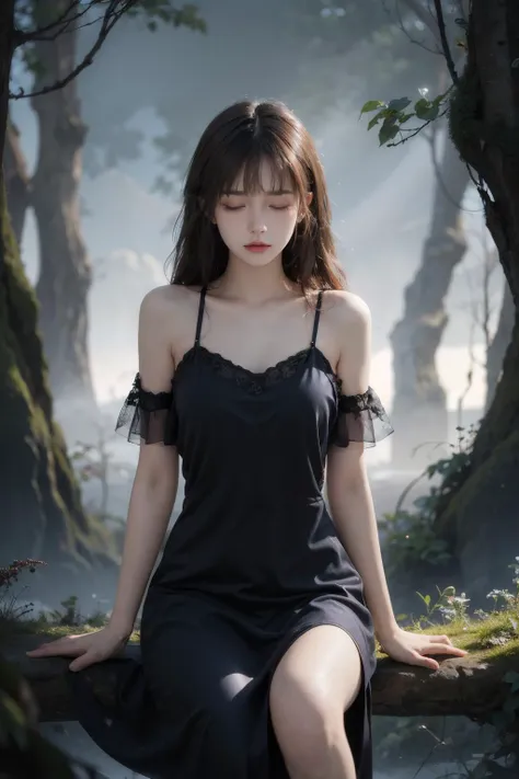 Best quality,masterpiece,ultra high res,photorealistic,raw photo,unity 8k wallpaper,(film grain:1.3),depth of field,cowboy shot,The atmosphere of loneliness and sadness,Melancholy tone,narrow waist,dynamic pose,low key,dark,night,
(Fog forest:1.2),haze,wind,long curly hair,1girl,sad,lonely,distress,black nightgown,sitting, (holding leg:1.2), full body,frown, pearl anklet,
<lora:MengX girl_Mix_v30:1>,