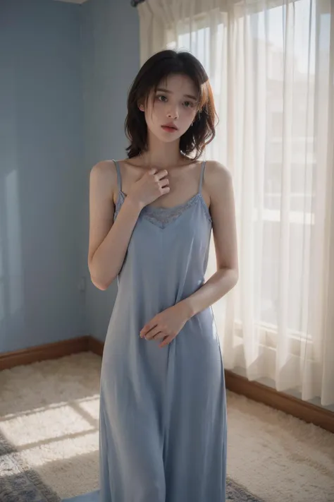 randome pose、Lying in bed、Light blue nightgown、a japanese girl、17 years old girl、small tits、perfect chest、flawless skin、perfect body type、小柄、Small butt、Bob Hair、A dark-haired、bangs whorl、an legs、colourfull、Light blue panties