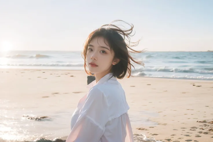 1girl, seaside, waves, sunrise, backlighting, lens flare, wind,(upper body:1.5), <lora:MengX girl_Mix_v30:1>,