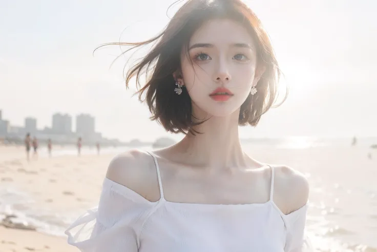 1girl, seaside, waves, sunrise, backlighting, lens flare, wind,(upper body:1.5),(off shoulders, brown shirt:1.1), (short hair,floating hair, rouge (makeup), beautiful detailed eyes, earrings:1.1), <lora:MengX girl_Mix_v30:1>,