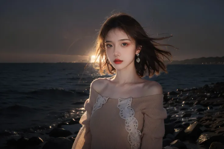 1girl, seaside, waves, sunrise, backlighting, lens flare, wind,(upper body:1.5),(off shoulders, brown shirt:1.1), (short hair,floating hair, rouge (makeup), beautiful detailed eyes, earrings:1.1), <lora:MengX girl_Mix_v30:1>,