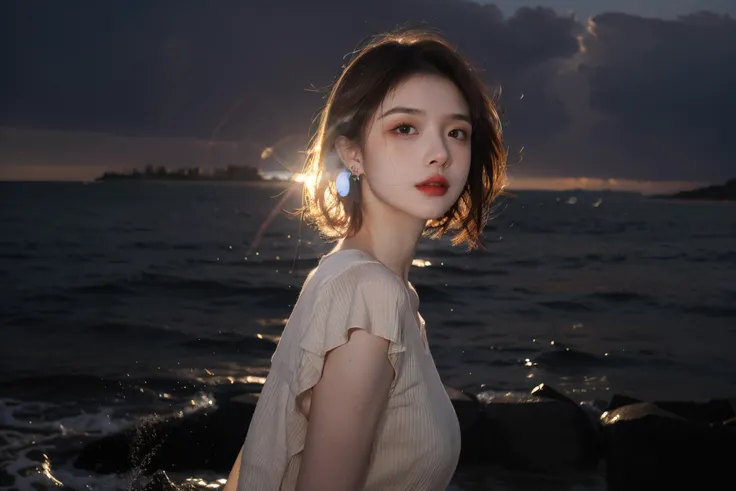 1girl, seaside, waves, sunrise, backlighting, lens flare, wind,(upper body:1.5),(off shoulders, brown shirt:1.1), (short hair,floating hair, rouge (makeup), beautiful detailed eyes, earrings:1.1), <lora:MengX girl_Mix_v30:1>,