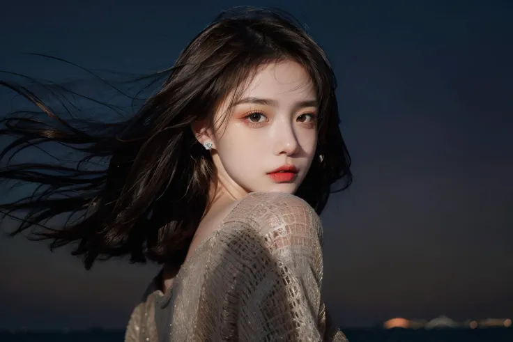 1girl, seaside, waves, sunrise, backlighting, lens flare, wind,(upper body:1.5),(off shoulders, brown shirt:1.1), (short hair,floating hair, rouge (makeup), beautiful detailed eyes, earrings:1.1), <lora:MengX girl_Mix_v30:1>,