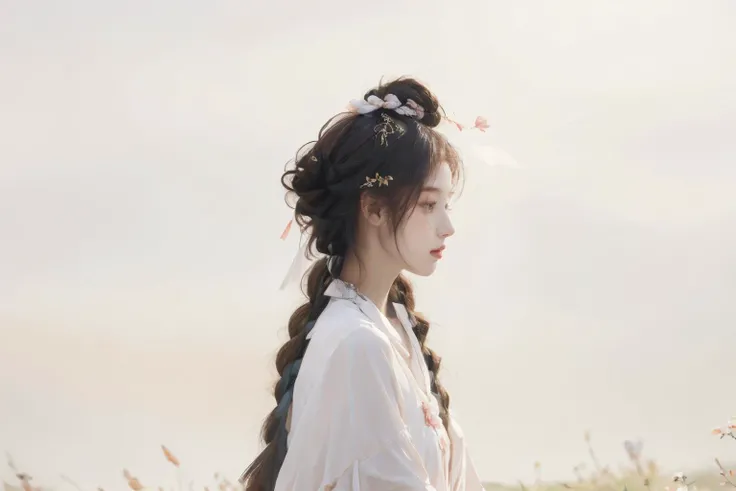 1girl,tullece, silk dress,hair bun, hair stick, ribbon braid, flower field, peach blossom,from side,multiple braids, elegant, peach tree,on grass, <lora:MengX girl_Mix_v30:1>, <lora:anxiang:0.55> <lora:zhongfenghuaxiyou:0.4>