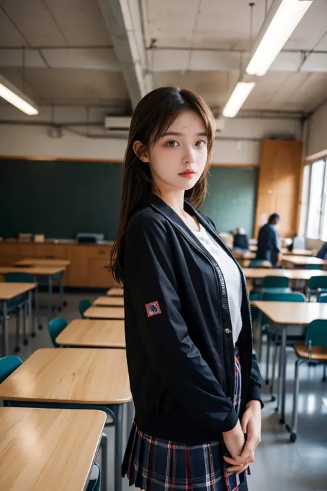 masterpiece, best quality, a beautiful 18y old schoolgirl wearing a cyberpunk jacket, inside a classroom <lora:MengX girl_Mix_v30:0.5>