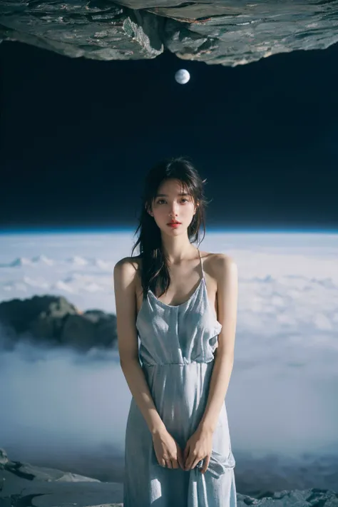 a beautiful naked girl covered in crumpled paper with the text \"AC\", outer space, dry rocks environment, interstellar, Surrealism. Dreamy dim daylight. Minimalism, emptiness, spaciousness. Faint accent lights, film grain, horror photography, misty and foggy atmosphere <lora:MengX girl_Mix_v30:0.5>