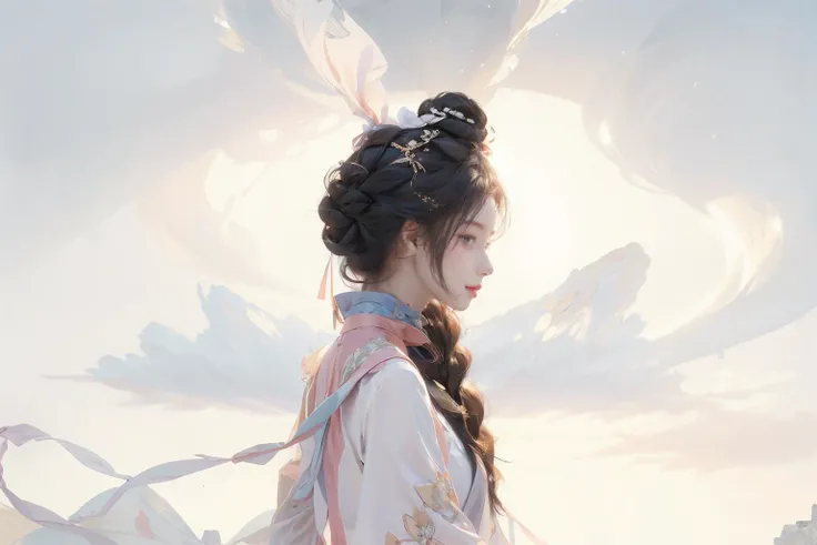 1girl,tullece, silk dress,hair bun, hair stick, ribbon braid, flower field, peach blossom,from side,multiple braids, elegant, peach tree,on grass, profile, head tilt, light smile, <lora:MengX girl_Mix_v30:1>, <lora:anxiang:0.55>, <lora:zhongfenghuaxiyou:0.4>