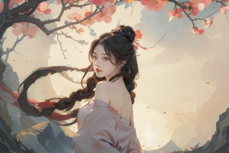 1girl,tullece, silk dress,hair bun, hair stick, ribbon braid, flower field, peach blossom,from side,multiple braids, elegant, peach tree,on grass, profile, head tilt, light smile, (upper body:1.1), <lora:MengX girl_Mix_v30:1>, <lora:anxiang:0.55>, <lora:zhongfenghuaxiyou:0.4>