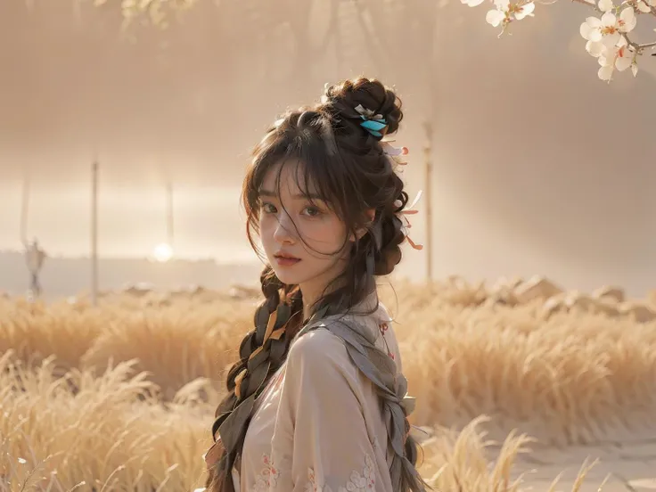 1girl,tullece, silk dress,hair bun, hair stick, ribbon braid, flower field, peach blossom,from side,multiple braids, elegant, peach tree,on grass, <lora:MengX girl_Mix_v30:1>, <lora:anxiang:0.55> <lora:zhongfenghuaxiyou:0.4>, Best quality, masterpiece, ultra high res, photorealistic, raw photo, unity 8k wallpaper,