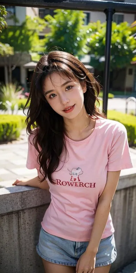 Best quality, masterpiece, ultra high res, photorealistic, raw photo, unity 8k wallpaper, daylight, cowboy shot, film grain, Fuji XT3,1girl,pink print T-shirt, laughing, happy,blush ,melowh, encanto , against railing, head tilt, curly hair, floating hair, flash headwear, Twisting action, <lora:MengX girl_Mix_v30:1>,undressing, panty pull
