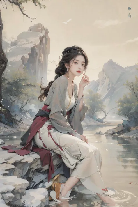 1girl,upper body,happy,elegant, tullece, dress,see-through, sitting,mist,river,mountain, <lora:MengX girl_Mix_v30:0.6>, <lora:anxiang:0.6> <lora:bmt2:0.5>
