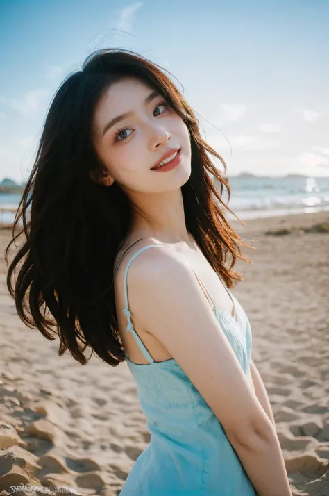A woman in a blue dress standing on a beach - SeaArt AI