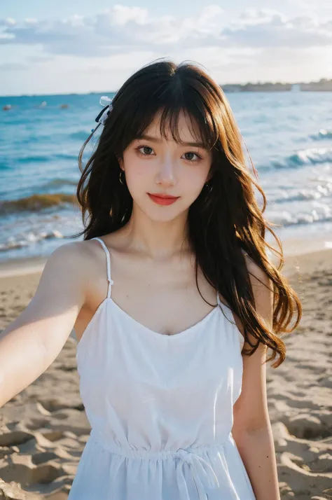 (2girls:1.5),(fisheye:1.1),sea,wind,messy hair,sunset,beach,(aesthetics and atmosphere:1.2),long hair,black sunmer dress,light smile,happy,<lora:MengX girl_Mix_v30:1>,<lora:FujiVelvia50:1>,<lora:lit:0.2>,shallow depth of field,wavy hair,hoop  earrings,hair  ribbon,large breasts,thin straps,(selfie:1.3),