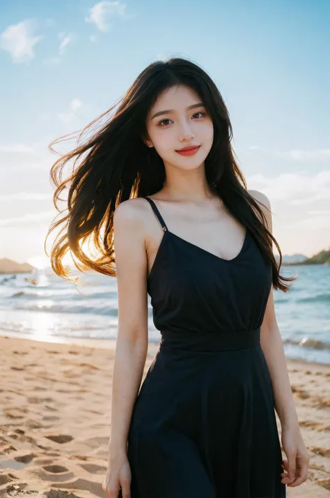 (2girls:1.5),(fisheye:1.1),sea,wind,messy hair,sunset,beach,(aesthetics and atmosphere:1.2),long hair,black sunmer dress,light smile,happy,<lora:MengX girl_Mix_v30:1>,<lora:FujiVelvia50:1>,<lora:lit:0.2>,shallow depth of field,wavy hair,hoop  earrings,hair  ribbon,large breasts,thin straps,