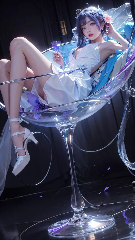 1girl,solo,flower,dress,white dress,long hair,in container,red high heels,blue hair,cup,hair ornament,hair flower,blue flower,in cup,bangs,looking at viewer,white footwear,cocktail glass,lying,drinking glass,bare shoulders,full body,purple eyes,closed mouth,very long hair,blue eyes,on back,petals,ahoge,<lora:MengX girl_Mix_V40:1>,stage lighting,