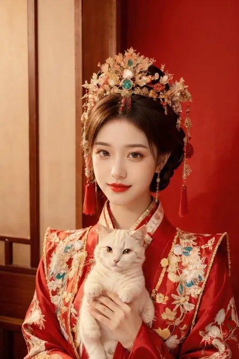 1girl,<lora:chinese_wedding:0.6>,red and yellow theme,night,indoors,ancient chinese style,rouge (makeup),red lips,long eyelashes,(blush:1.2),<lora:MengX girl_Mix_V40:0.8>,shy,happy,light smile,romantism,soft light,charming light,elegant,lazy,upper body,holding a white cat,