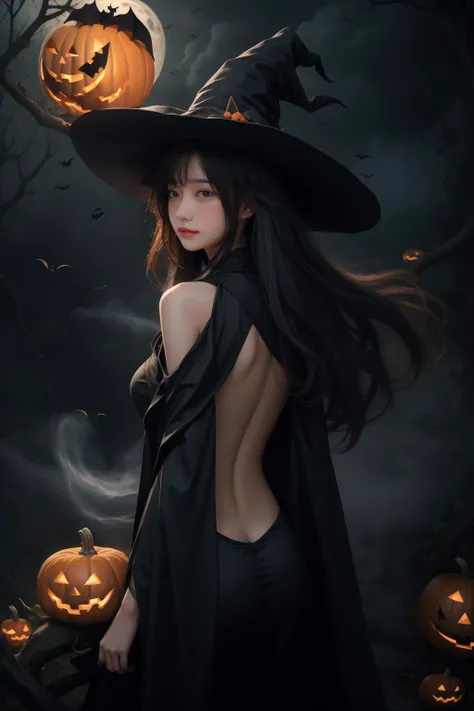 <lora:女巫_v1.0:0.7>,1girl,witch,hat,dark theme,mist,fog,branch,black robe,jack-o'-lantern,halloween,bat,ghost,<lora:OC:0.3>,wand,tombstone,white flame,glowing,moon,happy,blush,flying,floating,wind,floating hair,halo,magic,cowboy shot,dynamic pose,purple theme,upper body,from back,backless outfit,cropped shoulder,