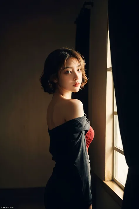 masterpiece, Ultra-high resolution, original photo, 1 girl, cute,Suspenders, Dark environment, Deep shadows, Unobtrusive, A ray of sunlight shines through the window onto my face, front, short hair,Movie Light,Top quality