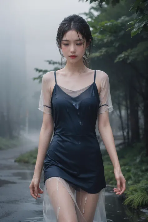1girl,nightgown,(see-through,wet hair,wet dress:1.4),rainy days,<lora:MengX girl_Mix_V40:0.8>,rainstorm,a heavy rain,splatted water droplets,walking,cowboy shot,sad,dark blue theme,(fog, mist,haze:1.3),in the forest,