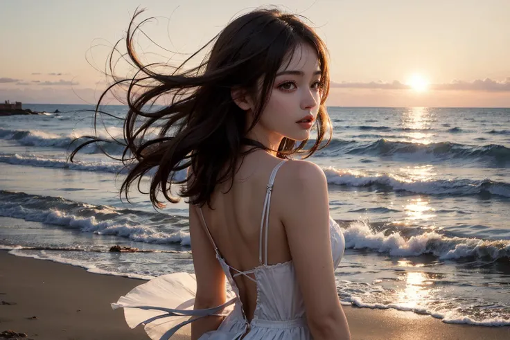 1girl, seaside, waves, sunrise, backlighting, lens flare, wind,<lora:MengX girl_Mix_v30:1>,