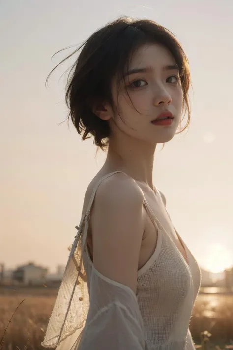 <lora:MengX girl_Mix_V40:0.9>, Best quality,masterpiece,ultra high res,photorealistic,raw photo,unity 8k wallpaper, panorama, cinematic lighting, on grass, sunset, dappled sunlight, golden hour lighting, backlighting, blurry background, (lens flare), wind, pastel colors, soft light, 1girl,floating short hair, sad,upper body,