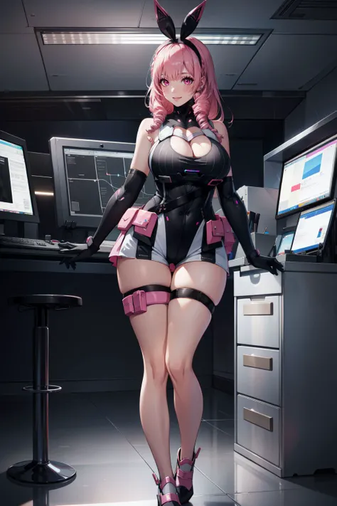 inside a high tech control room with many monitors and screen, bared legs, wearing black suit and mini tight skirt, a girl with calm and rational personality, demonstrating a loyal and efficient approach to her tasks, human-like aspect to her, possess emotions and empathy, leadership and cooperation would be crucial traits for her in order to support the mercenaries effectively, 6-foot-tall mechanical being with a silver metallic exterior, boasts a futuristic design, sports data control gloves on her wrists, with small hardware interfaces on her fingertips, waist carries a belt containing communication devices, hacking tools, and other accessories, 8k, masterpiece, RAW photo, best quality, photorealistic, extremely detailed CG unity 8k wallpaper, Depth of field, Cinematic Light, Lens Flare, Ray tracing, (extremely beautiful face, beautiful lips, beautiful eyes), intricate detail face, ((ultra detailed skin)) 1girl, in the dark, deep shadow, pretty korean girl, kpop idol, 1 girl, (very slim slender fit-muscled body:1.3), ((looking at viewer)),(big smile:1.3), (fashion city night, dark night, (neon sign), (blurred background), fashion street night),(without people in the background:1.3), beautiful earrings, bracelets, necklace, pantyhose, clear eyes, walking, (pale skin), (big eyes), face forward, (brown hairs), (full body shot), ((silk hot rock pink color dress:1.3)), ((tight fitting dress)), ((laced dress)), (looking at viewer:1.3) open breast, very slim, medium breasts, turning back, (back shot), ass focus, brow front,(tight dress), thick thighs