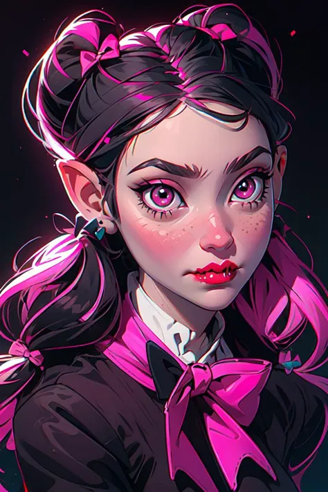 (draculaura_mh:1.0), (realistic:1.2), vampire, (black hair, pink highlights in hair, pink skin, pink eyes, bangs, pigtails, vampire ears, twintails), (black vampire dress with pink details, black neck bow, black sleeves:1.2), pantyhose, pink and black background (masterpiece:1.2), (full-body-shot:1.2),(Cowboy-shot:1.2), neon lighting, dark romantic lighting, (highly detailed:1.2),(detailed face:1.2), (gradients), colorful, detailed eyes, (detailed landscape:1.2), (natural lighting:1.2),(detailed background), detailed landscape, (cute pose:1.2), solo, close up, <lora:Draculaura_v3-10:0.65> <lora:add_detail:0.15> <lora:hipoly3DModelLora_v10:0.05> <lora:RSERomantic_RSESofiko_RSEEmma-v1:0.1> <lora:BeautifulEyes:0.65> <lyco:coloredSkin-08:0.3>